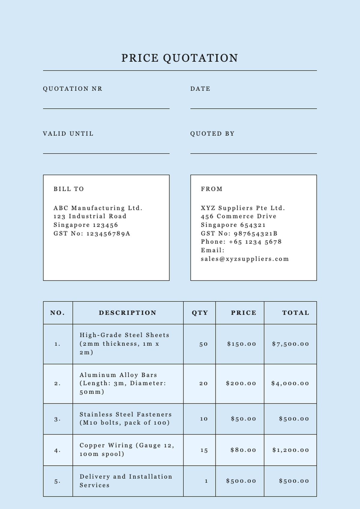 GST format invoice template with light blue background and itemized table_variant_2